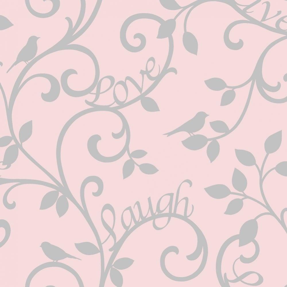 1000x1000 Live Laugh Love Scroll Wallpaper Pink, Silver (FD40285) from I Love Wallpaper UK