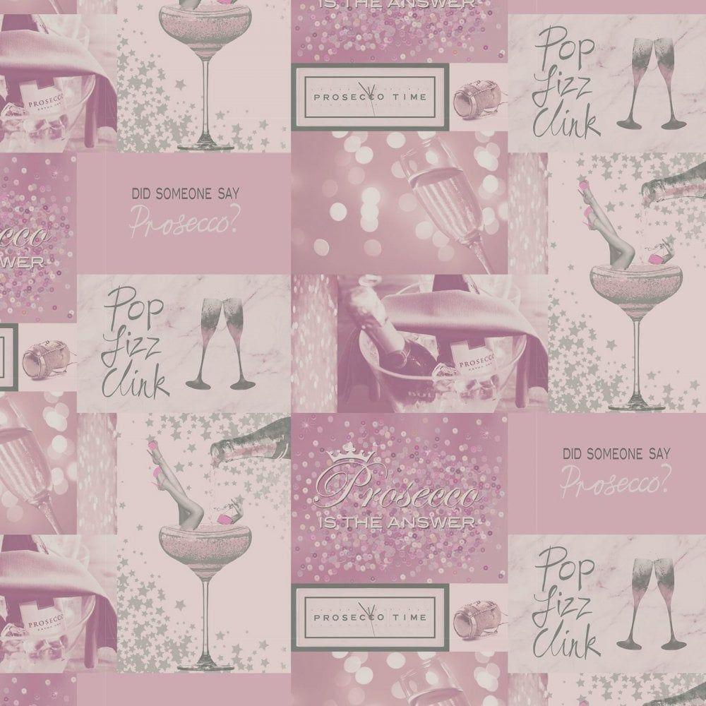 1000x1000 Crown Wallpaper Fizz Prosecco Time Pink & Silver Wallpaper M1460 from Wallpaper Depot UK