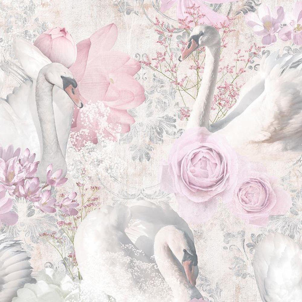 1000x1000 Glitter Swans Wallpaper White Pink Silver Damask Floral Textured Cygnet Holden 5022976907003