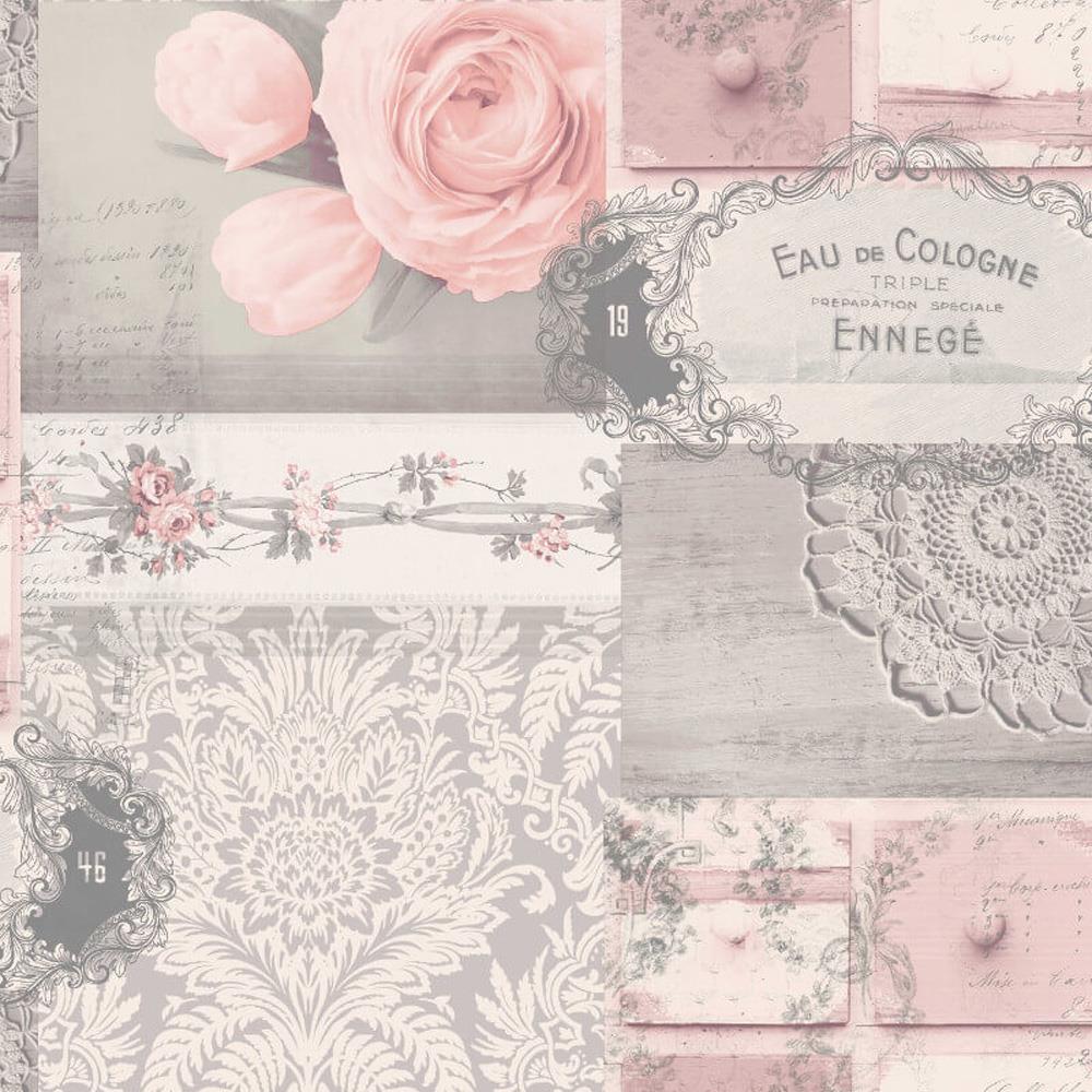 1000x1000 Decoupage Patchwork Floral Wallpaper Flowers Pink Grey Silver Metallic Crown 5010213014522