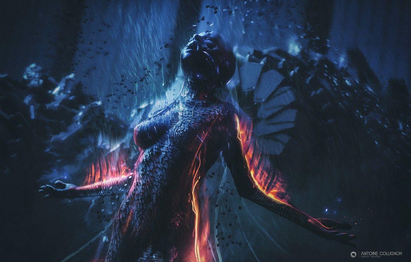 1332x850 Wallpaper fire, flame, woman, robot, audio android, Antoine Collignon image for desktop, section фантастика