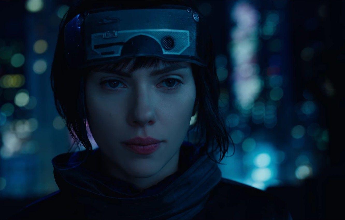 1332x850 Wallpaper Scarlett Johansson, cinema, wallpaper, robot, green eyes, woman, anime, night, short hair, movie, Ghost in the Shell, face, brunette, film, manga, powerful image for desktop, section фильмы