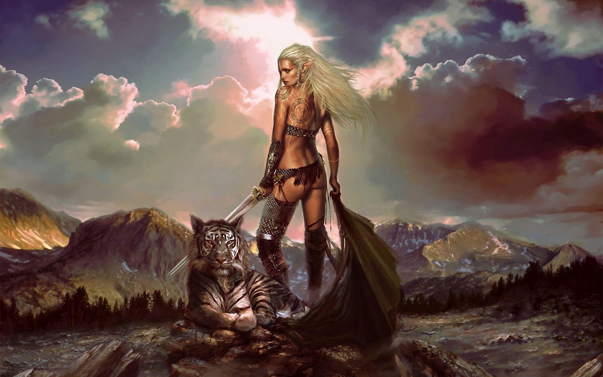 1920x1200 Wallpaper. Fantasy. photo. picture. elf, tiger, art, cloak, The sword
