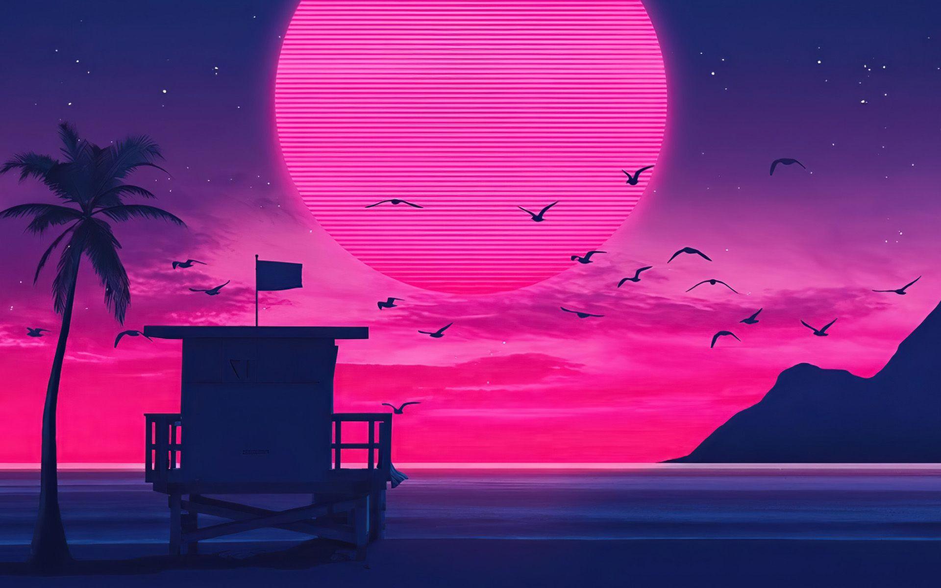 1920x1200 Download wallpaper abstract sunset, beach, purple moon, lifeguard box, summer, sunset, nightscapes, abstract landscapes for desktop with resolution 1920x1200. High Quality HD picture wallpaper