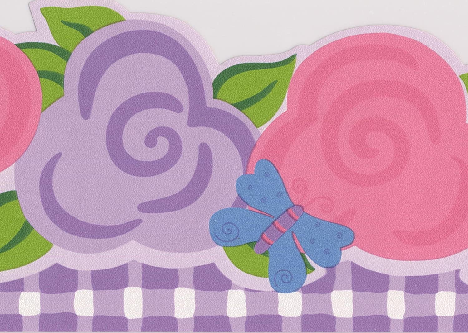 1500x1069 Pink Purple Flowers Blue Butterfly Wallpaper Border for Kids Bedroom Bathroom, Roll 15' x 5''