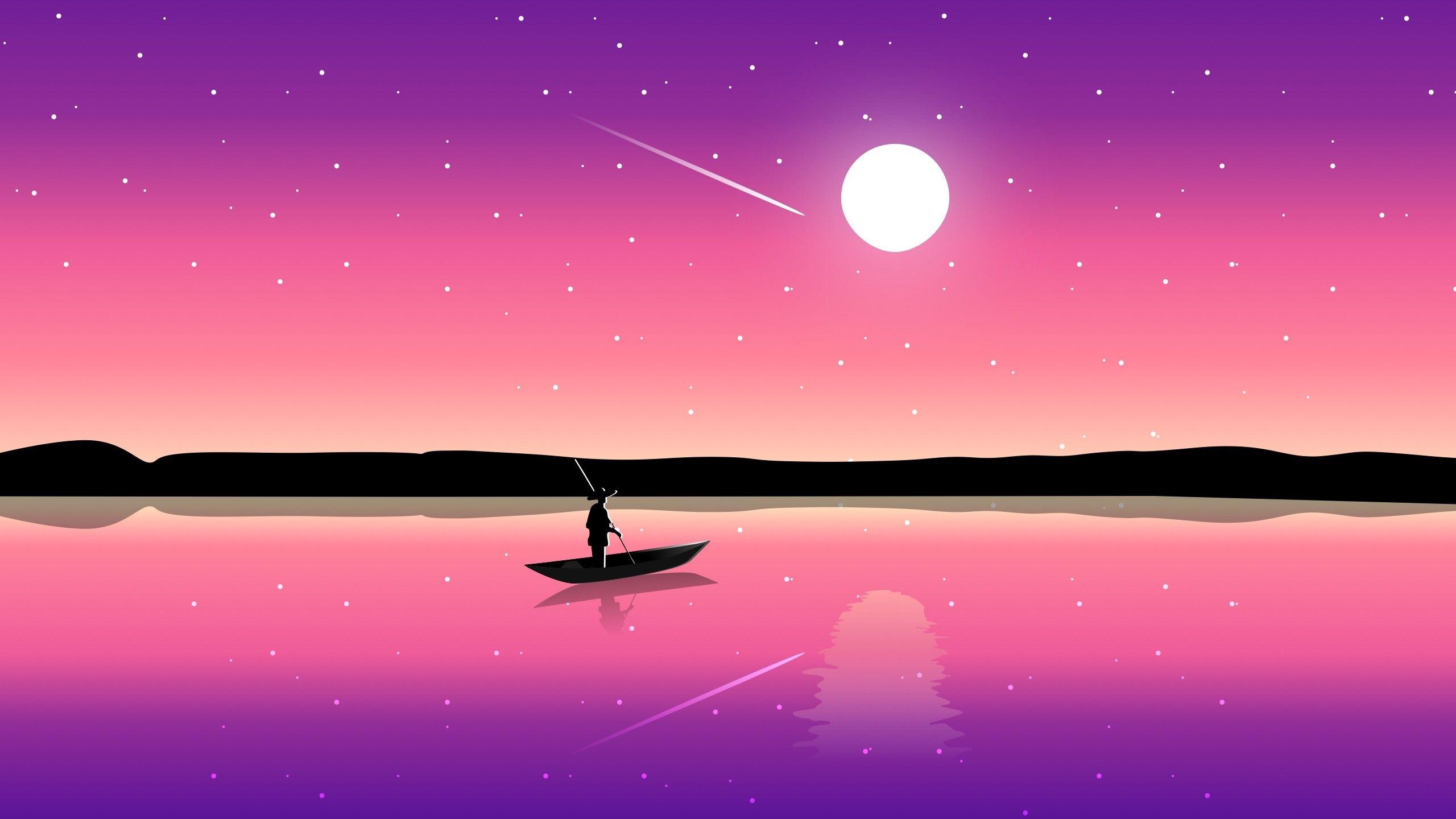 2560x1440 Wallpaper Sunset, Purple sky, Minimal, Boat, Moon, Illustration, HD, Creative Graphics,. Wallpaper for iPhone, Android, Mobile and Desktop