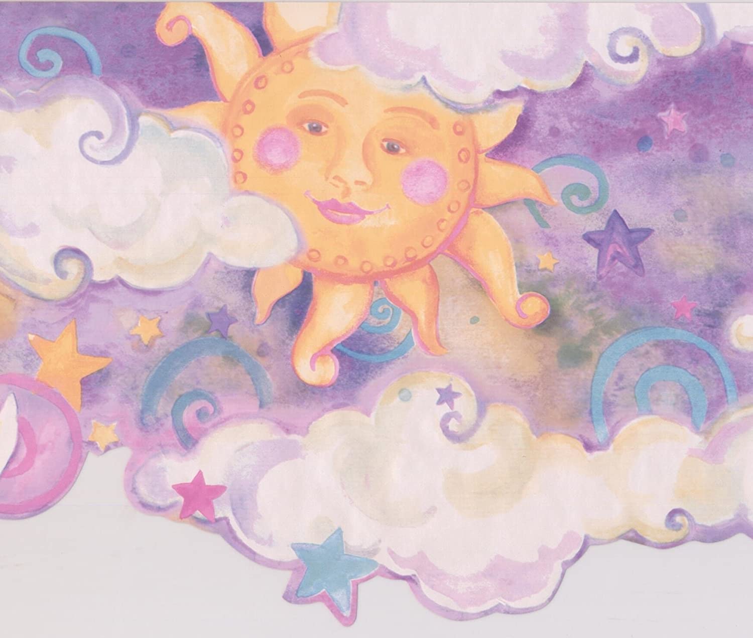 1500x1271 Smiling Sun Moon Purple Clouds Stars Kids Wallpaper Border Retro Design, Roll 15' x 10