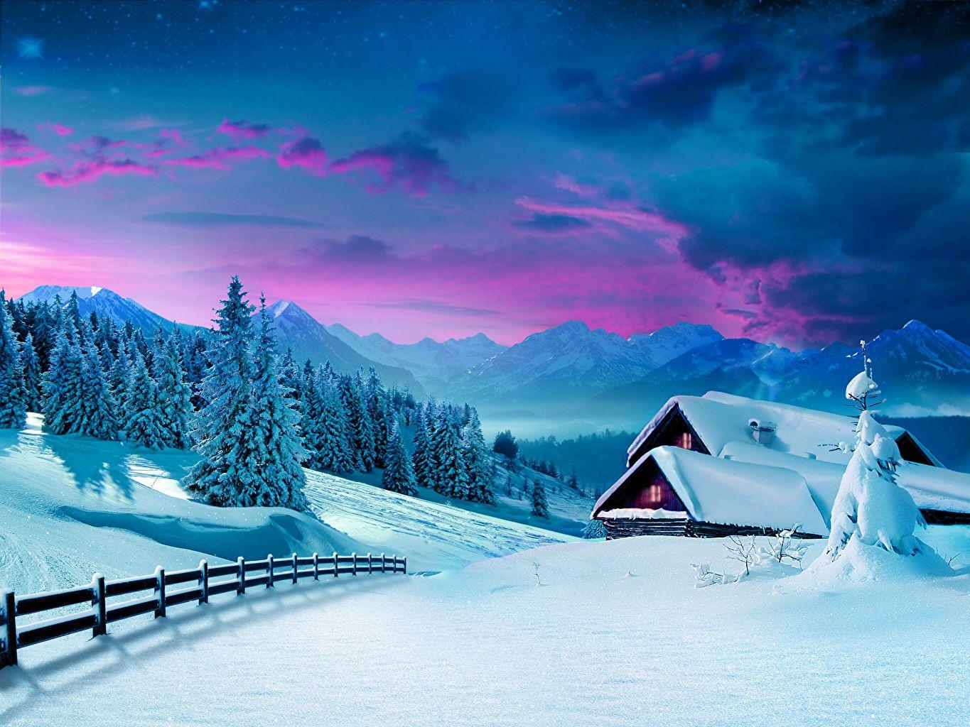 1365x1024 Wallpaper Nature Winter Sky Snow Fence Houses Seasons