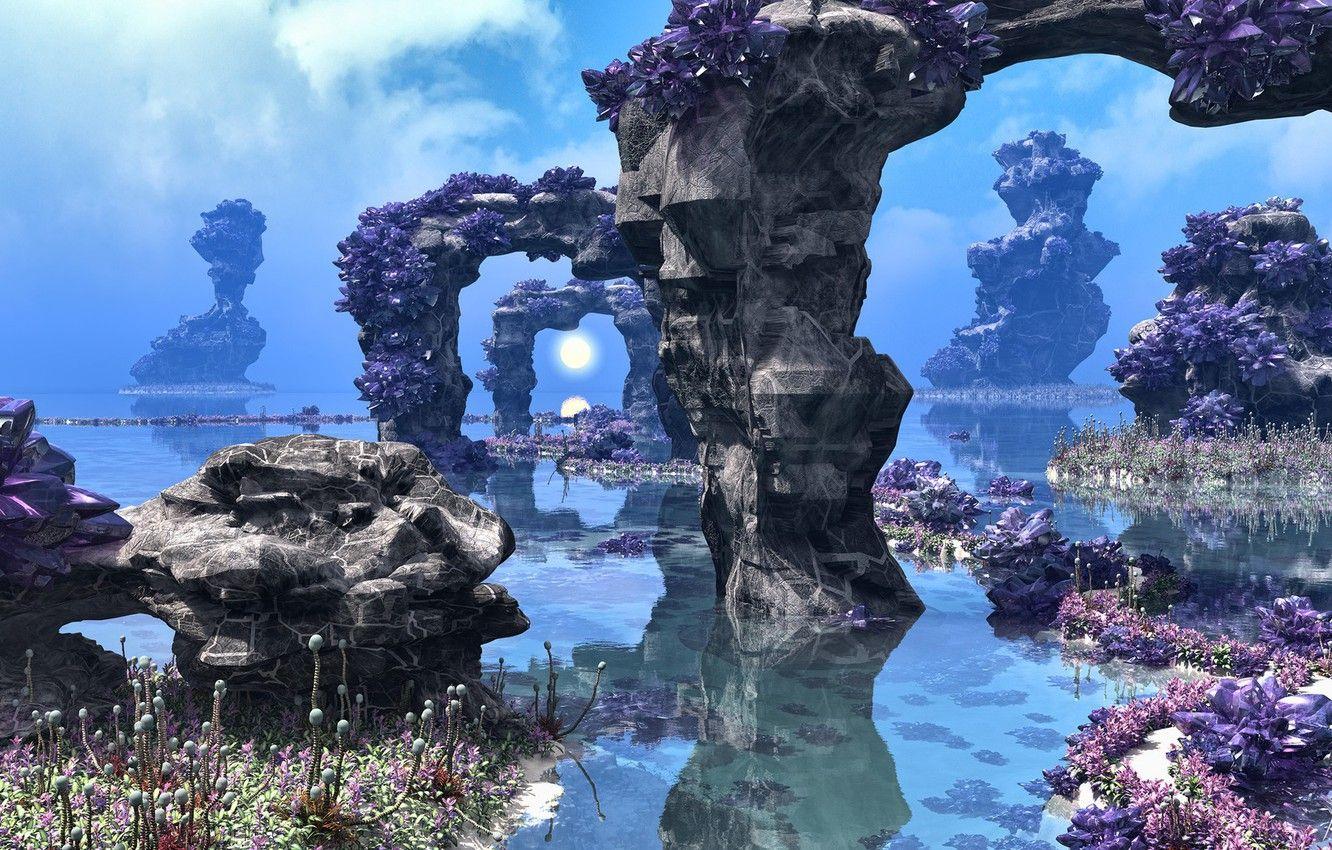 1332x850 Wallpaper water, stones, vegetation, Alien Landscape image for desktop, section рендеринг