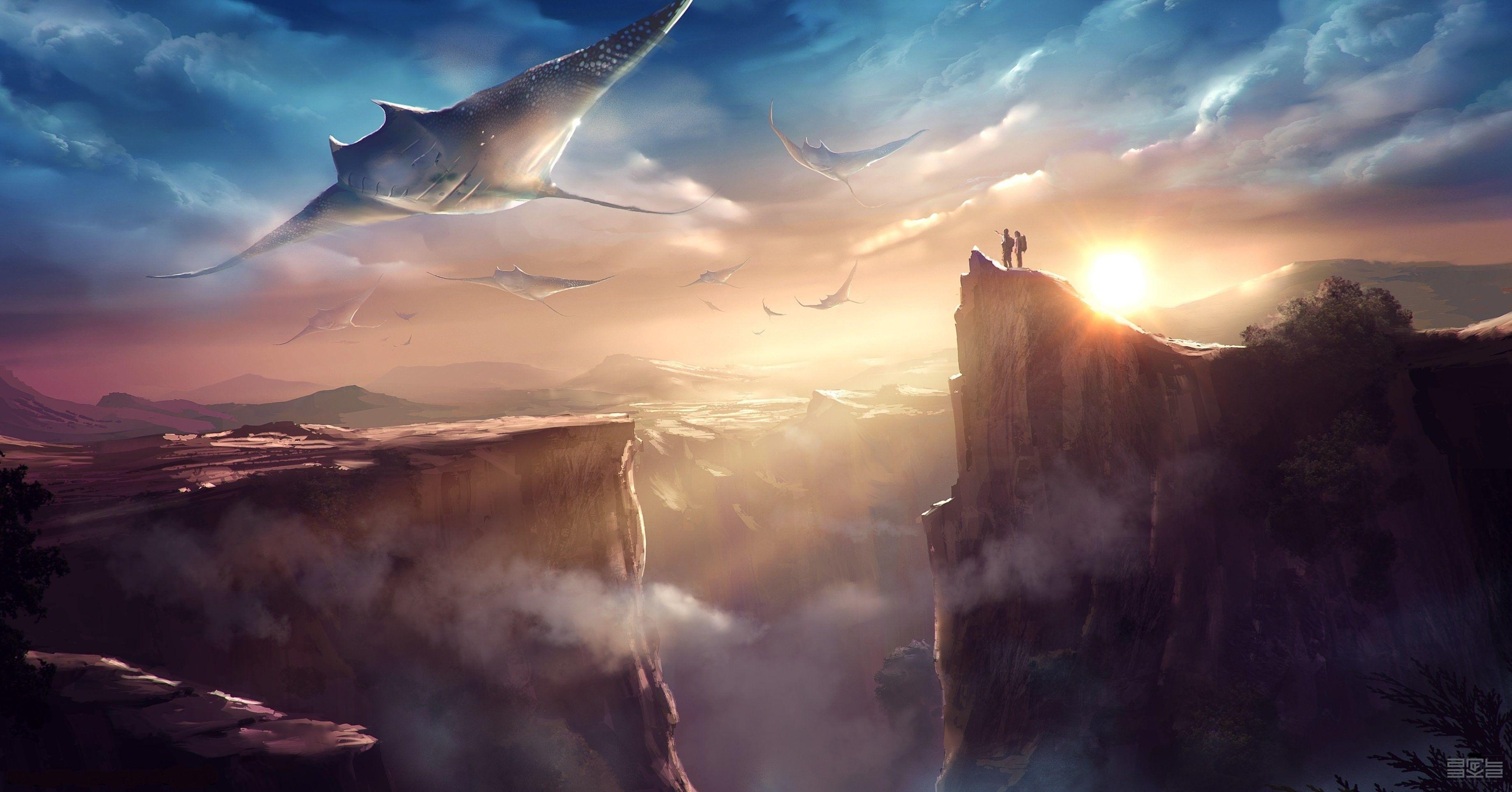 3675x1926 Res: 3675x Sci Fi Landscape Wallpaper. Sky art, Fantasy landscape, Landscape wallpaper