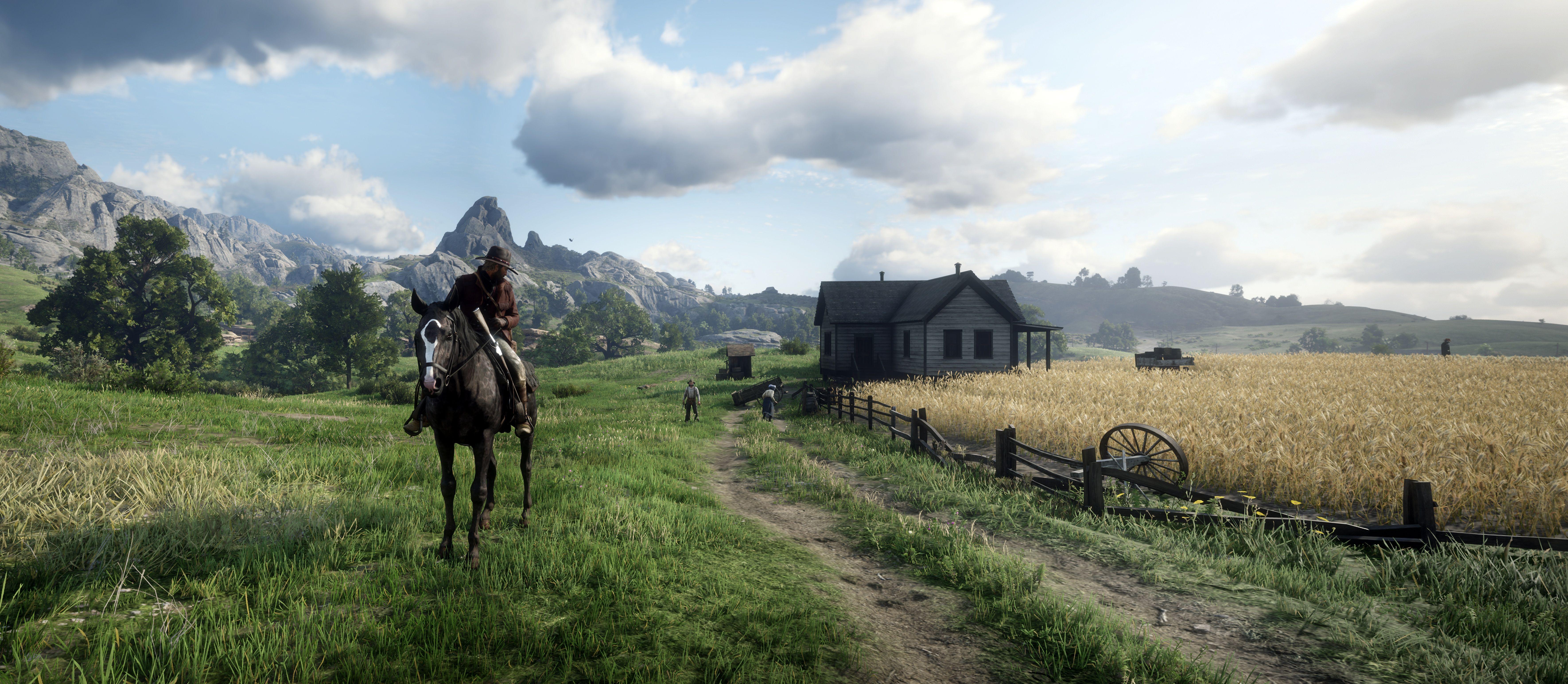 7079x3088 Image Red Dead Redemption 2 Horses Man Nature 3D Graphics 7079x3088