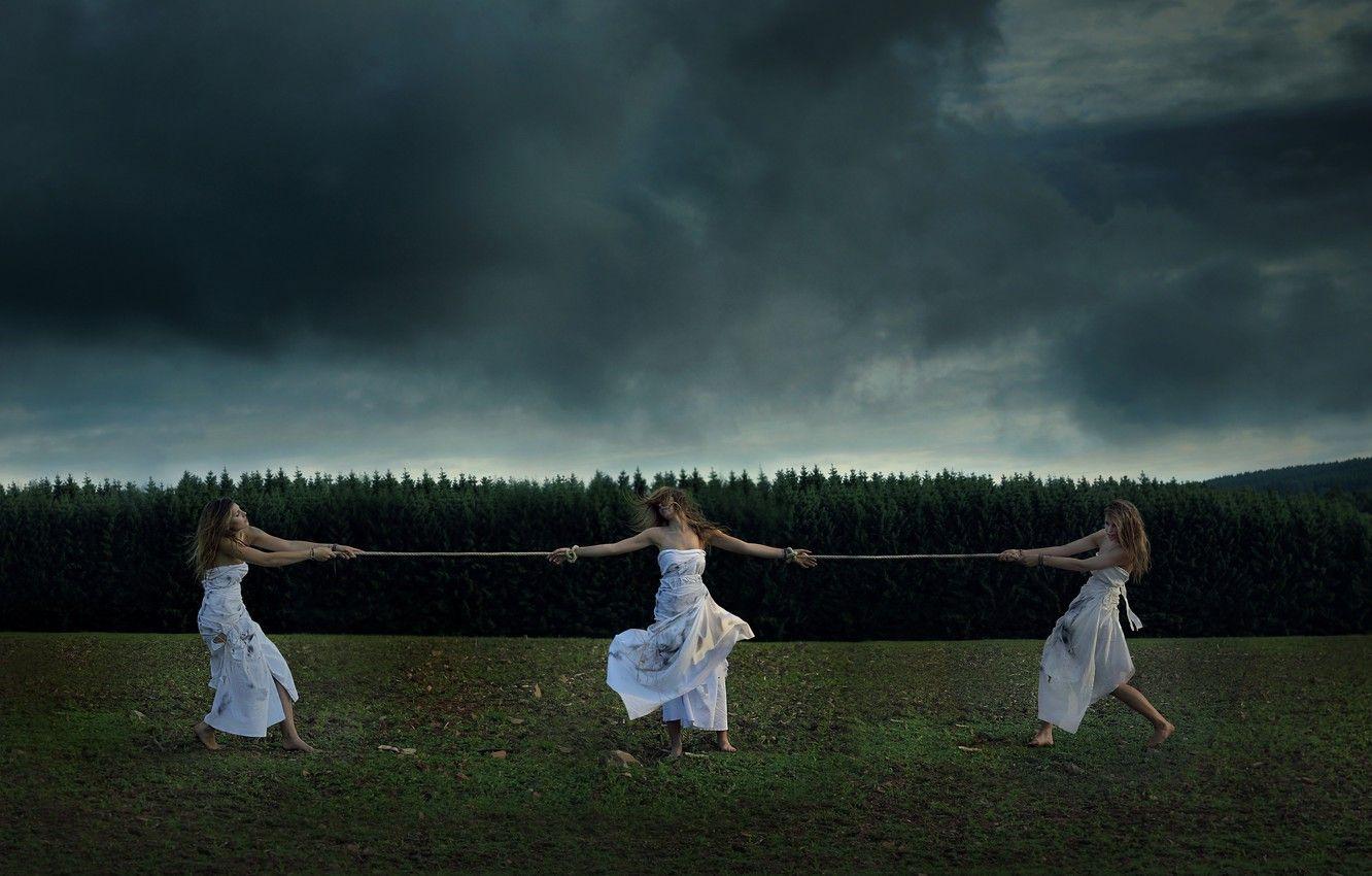 1332x850 Wallpaper Nature, Clouds, Grass, Dirt, Girls, Mood, Forest, Trees, Dress, Rope, Situation, Moods, Dead leaves, Dark sky image for desktop, section ситуации