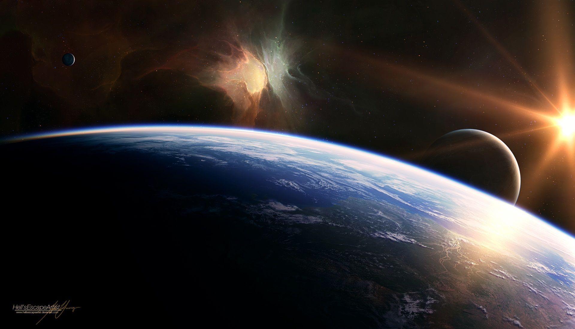 1920x1101 light, #stars, #satellite, #shadow, #the glow of a planet