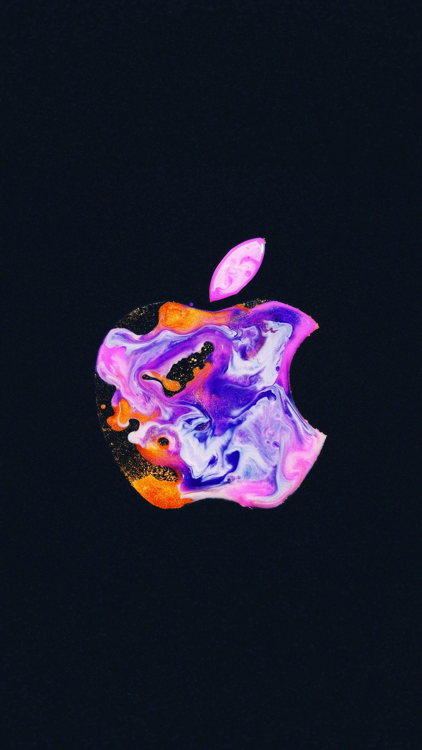 1440x2560 Apple logo 4K Wallpaper, iPhone Liquid art, Black background, Technology
