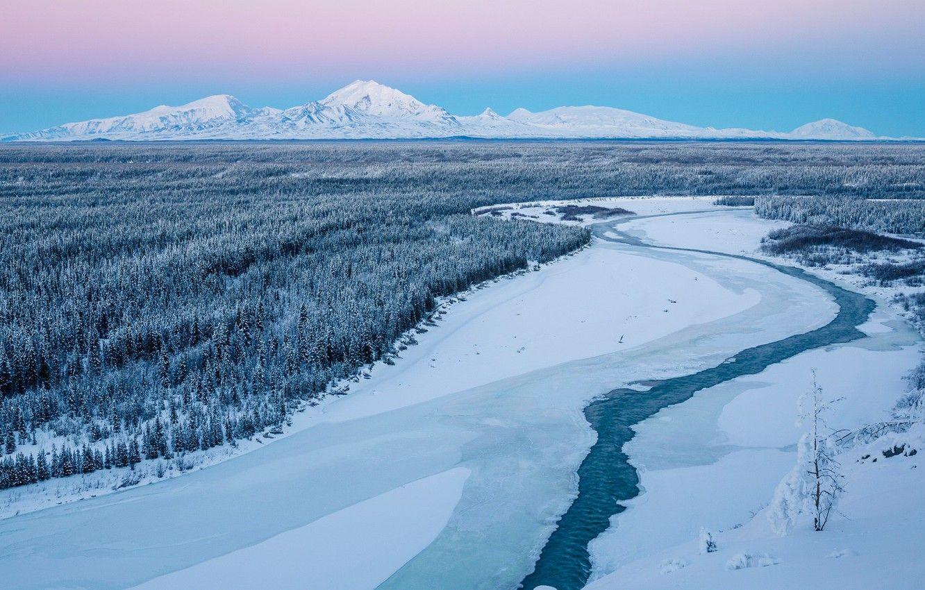 1332x850 Wallpaper ice, forest, twilight, Winter, river, trees, landscape, nature, sunset, water, night, mountains, snow, snowy landscape image for desktop, section пейзажи
