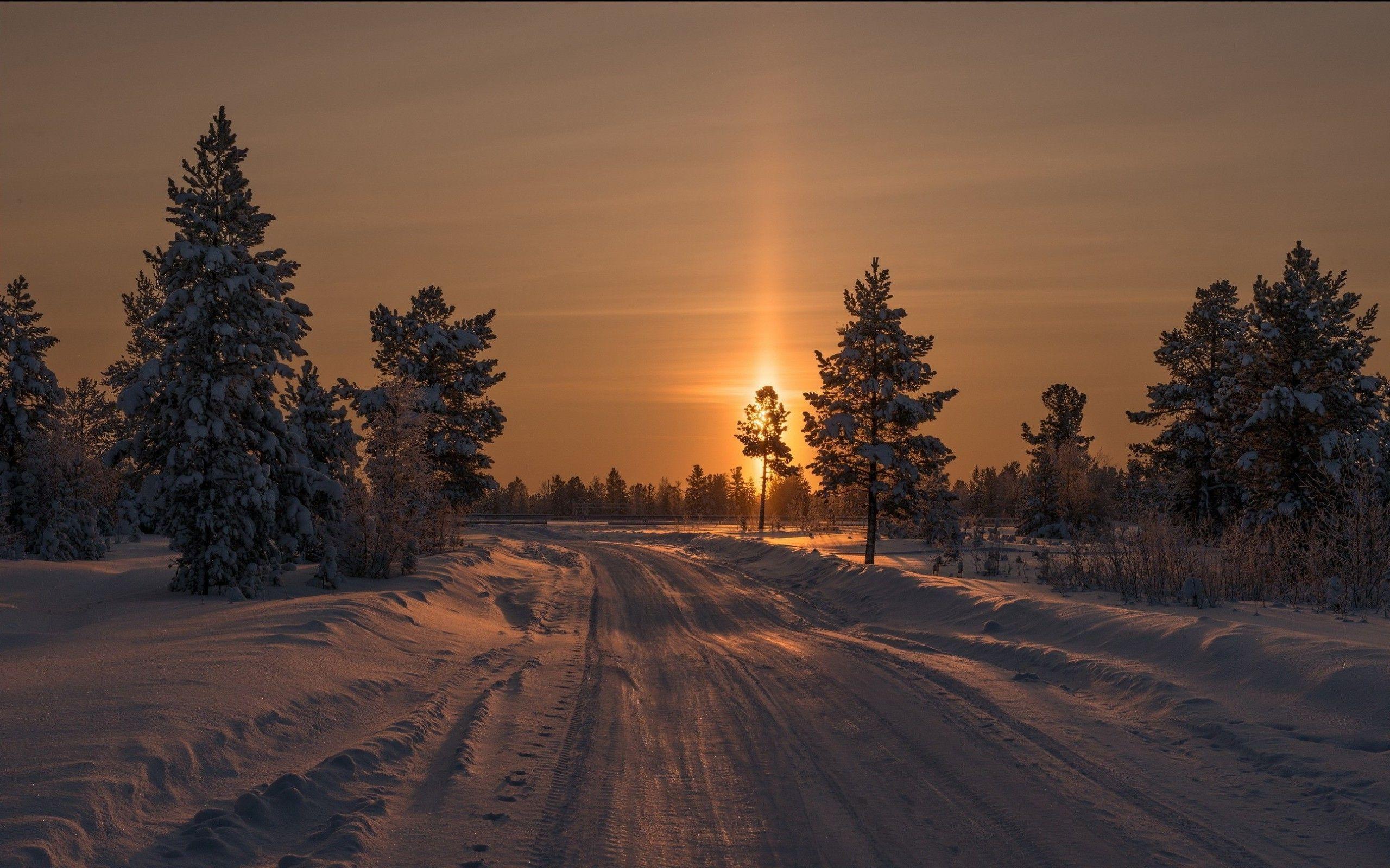 2560x1600 Sunset on the snowy road HD desktop wallpaper : Widescreen : High Definition