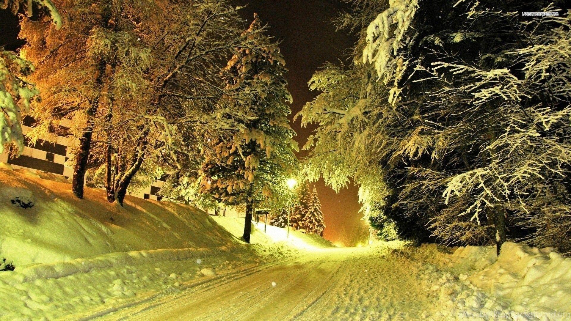 1920x1080 Nighttime Snowy Road Wallpaper Desktop Background