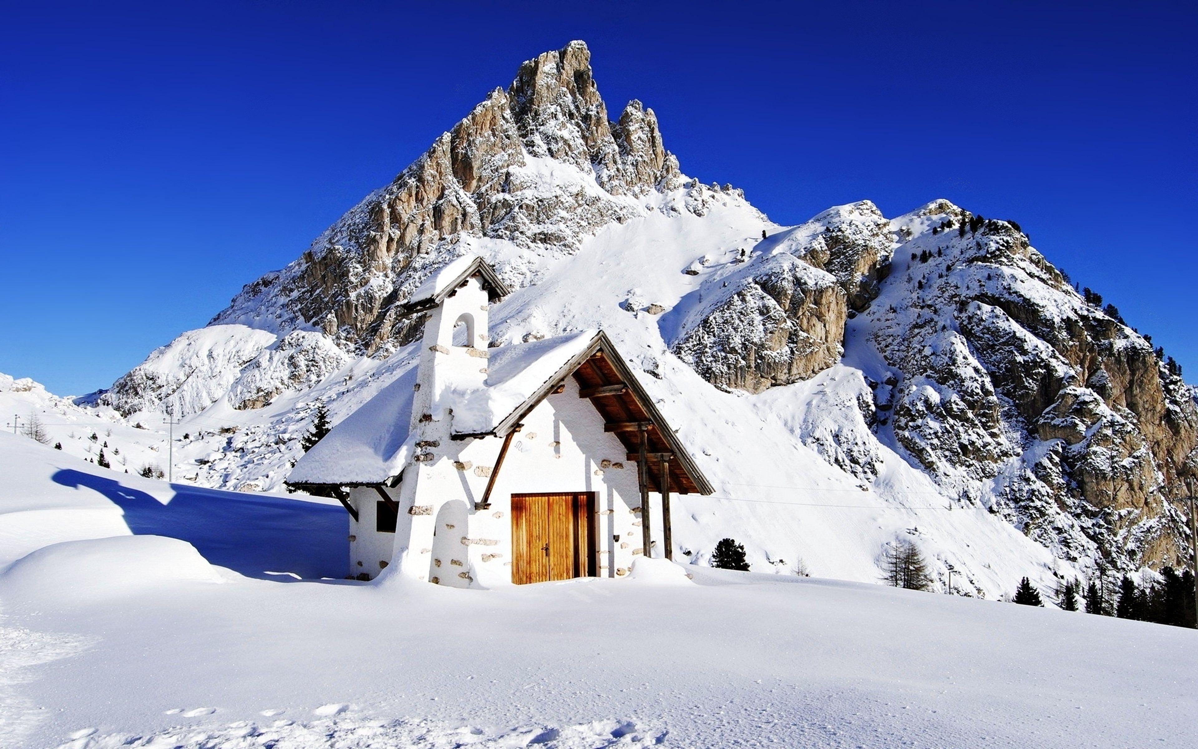 3840x2400 snow, Mountains, House, Sky, Blue, Sunny, Landscapes, Nature, Winter, High Wallpaper HD / Desktop and Mobile Background
