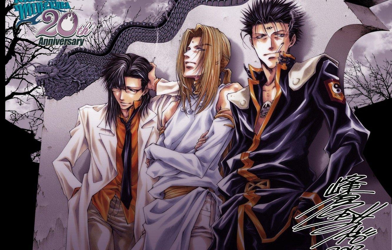 1332x850 Wallpaper guys, trio, friends, characters, Kazuya Minekura, Saiyuki Reload image for desktop, section сёнэн