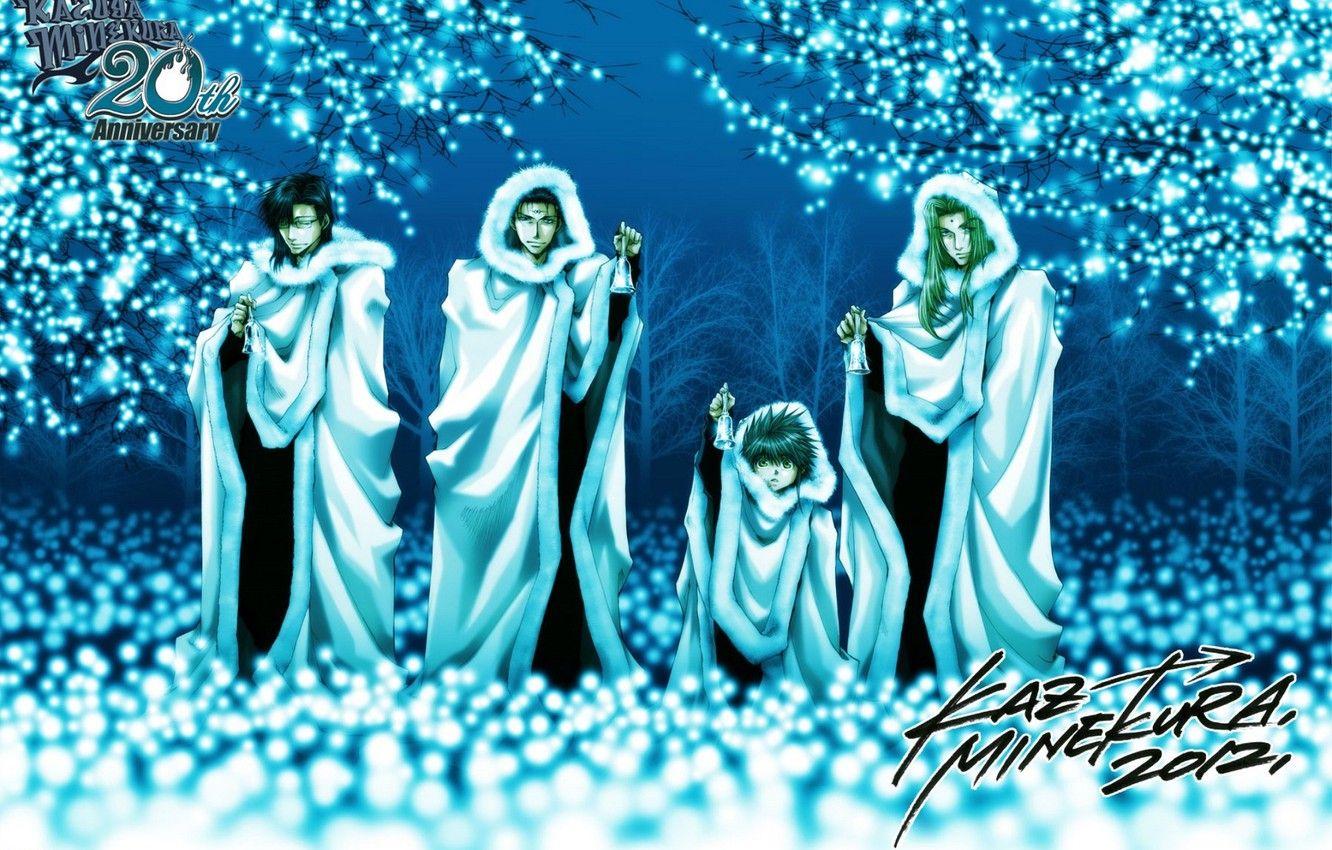 1332x850 Wallpaper winter, anime, art, guys, bells, coats, Kazuya Minekura, Saiyuki Reload image for desktop, section сёнэн