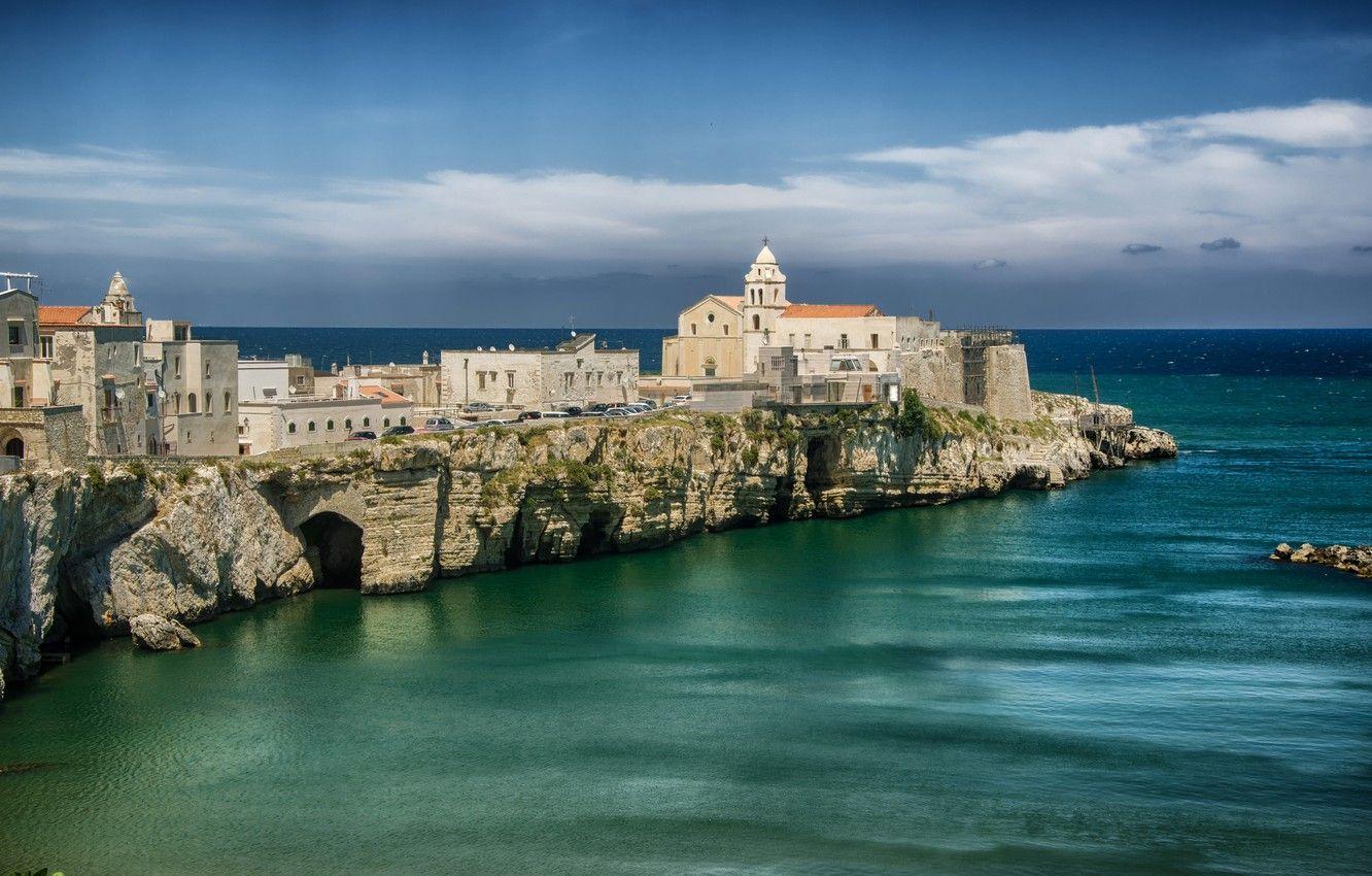 1332x850 Wallpaper sea, the sky, clouds, rocks, coast, home, horizon, Italy, Apulia, Vieste, Puglia image for desktop, section пейзажи