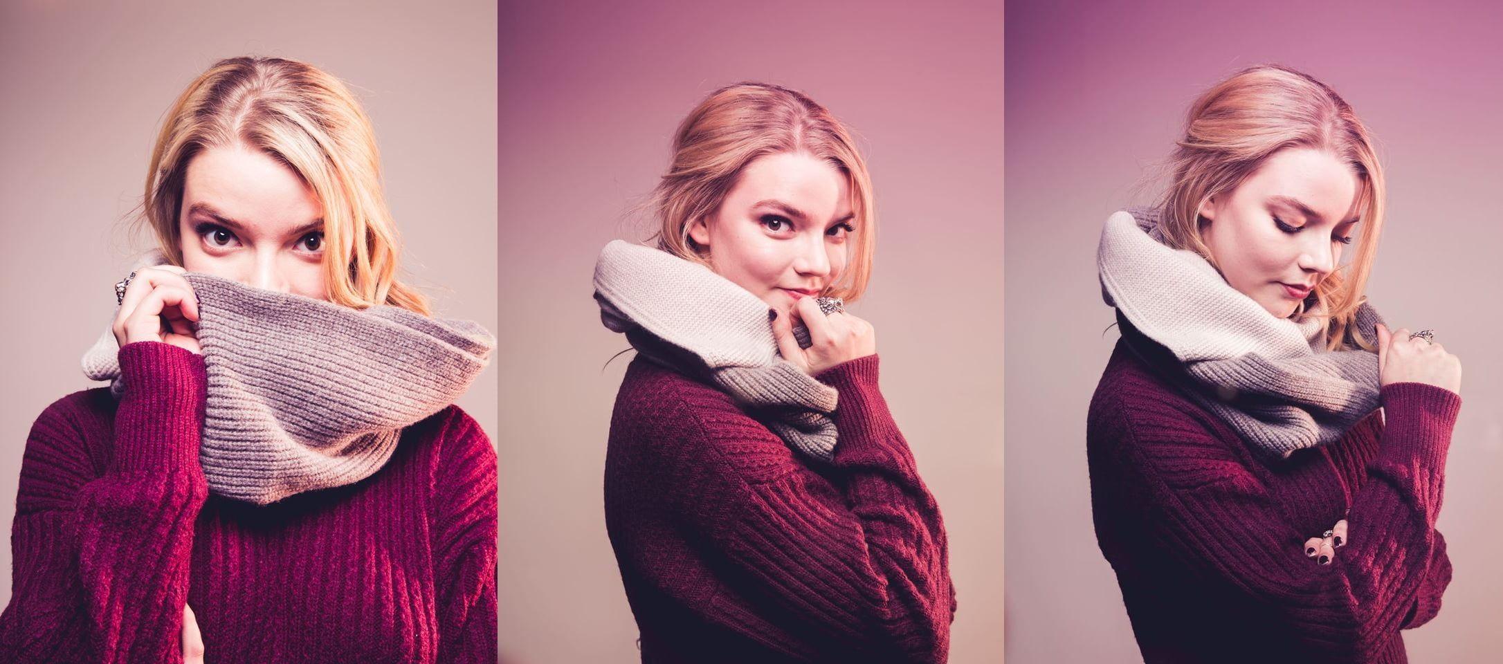 2172x960 Anya Taylor Joy #actress #women Simple Background #collage #blonde #sweater #scarf P #wallpaper #hdwallpaper. Anya Taylor Joy, Simple Background, Woman Face