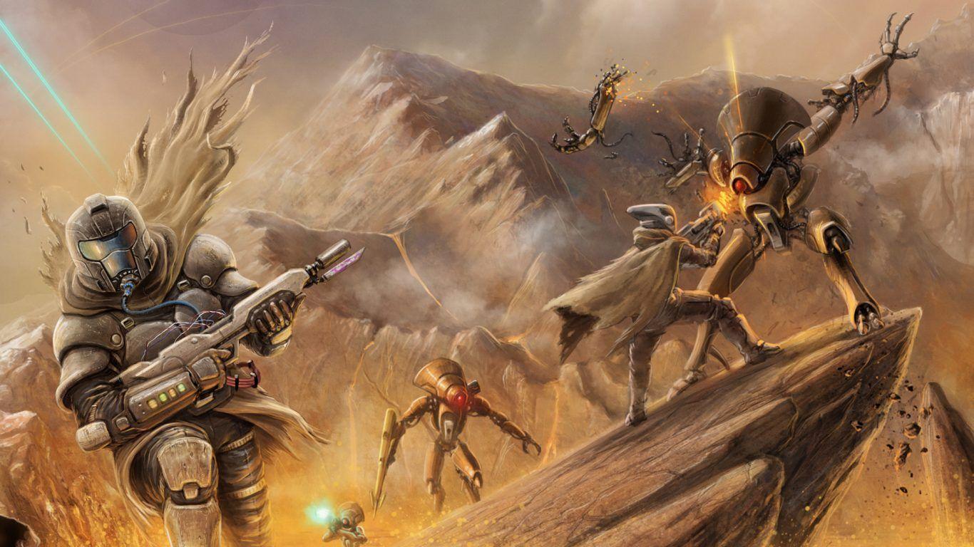 1366x768 Download destiny bungie battle robots soldiers weapons rocks 4k