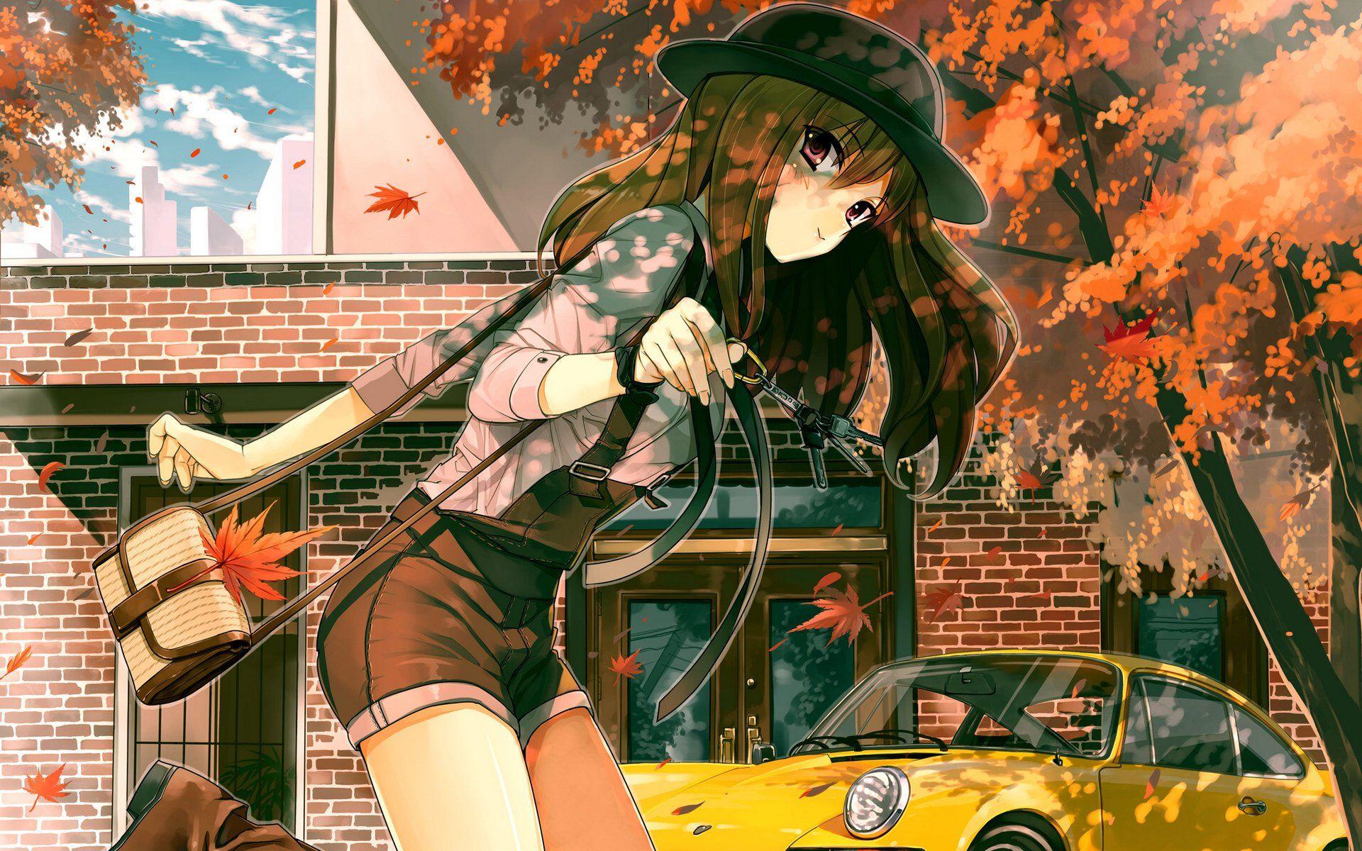 1920x1200 Autumn girl anime yellow car tree sunlight wallpaperx1200