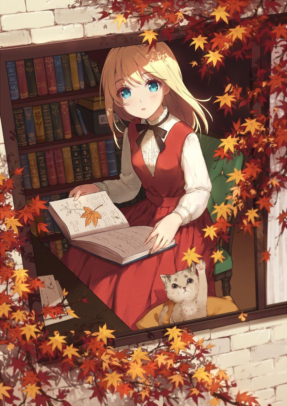 930x1314 Anime Anime Girls Books Cats Window Leaves Fall Blonde Wallpaper:930x1314