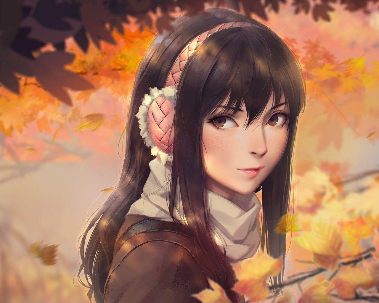 1280x1024 Download 1280x1024 Anime Girl, Headphones, Scarf, Brown Hair, Autumn Wallpaper