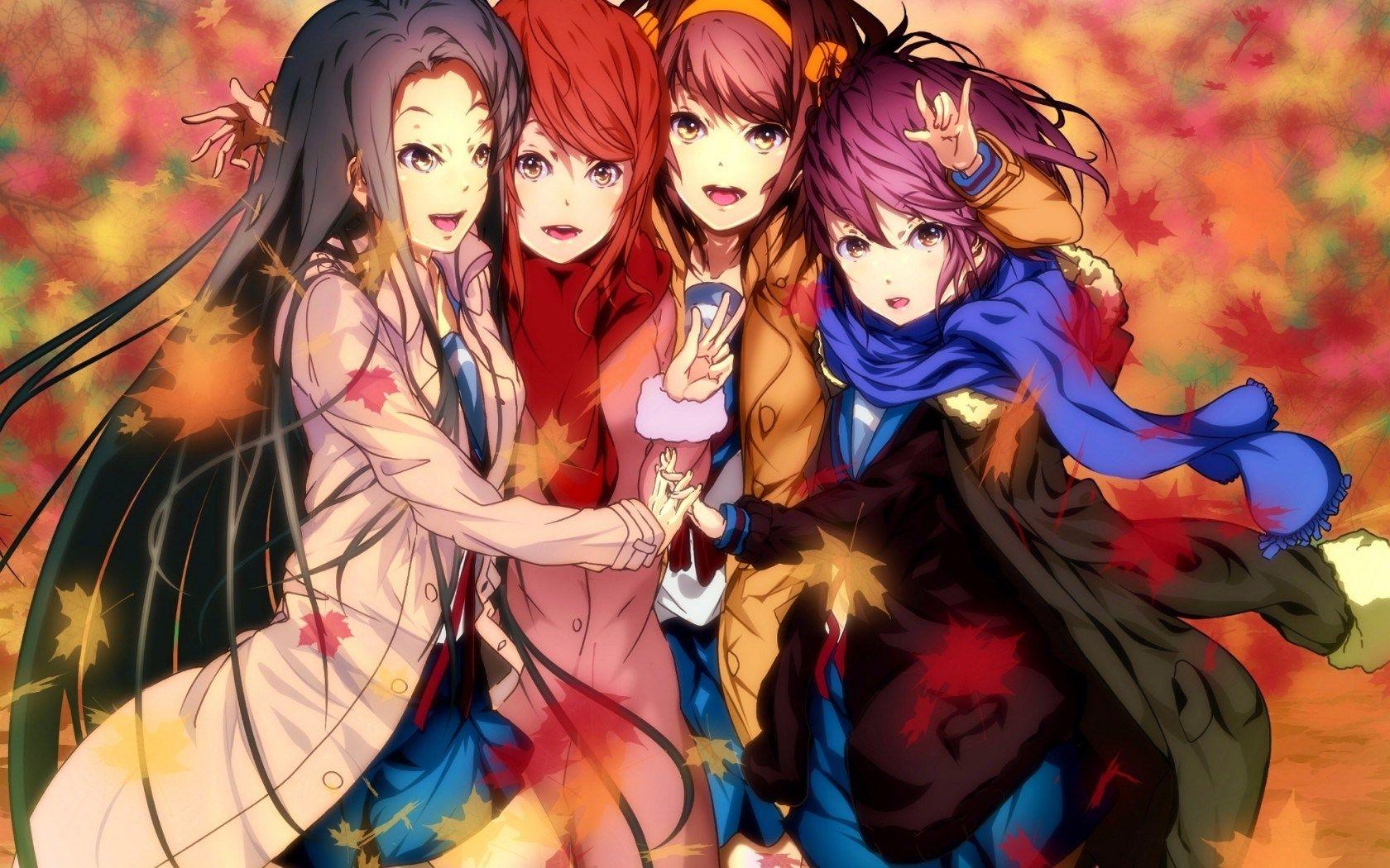 1680x1050 Art Girls Leaves Autumn Anime wallpaperx1050