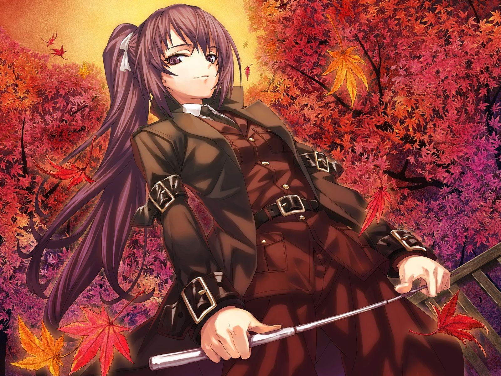 1600x1200 Wallpaper Purple hair anime girl, maple tree, red leaves, autumn 1600x1200 HD Picture, Image