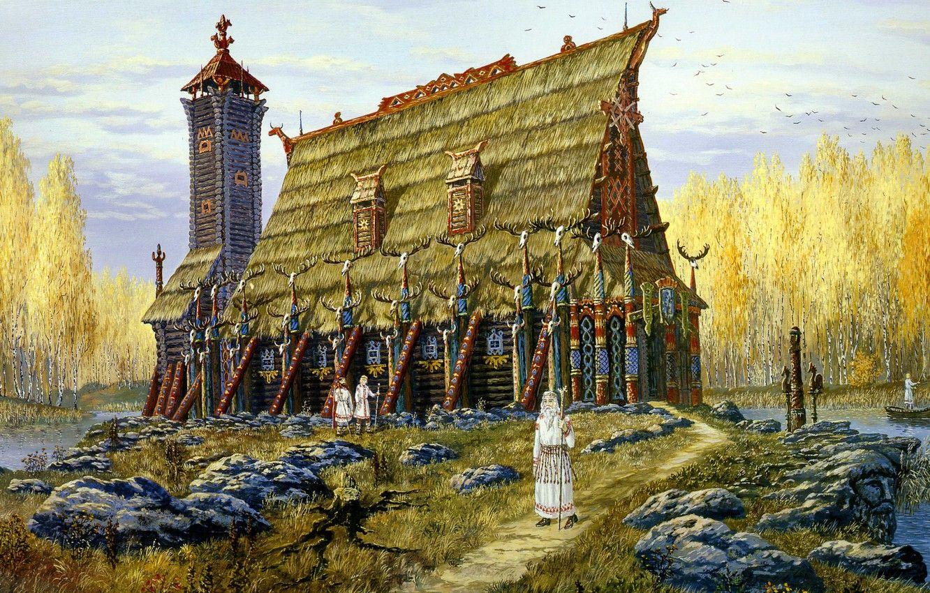 1332x850 Wallpaper lake, tower, temple, painting, history, ancient, Vsevolod Ivanov, Russian folklore, Slavic, The Temple Of The Horse. Autumn, birch grove, the sorcerer image for desktop, section живопись