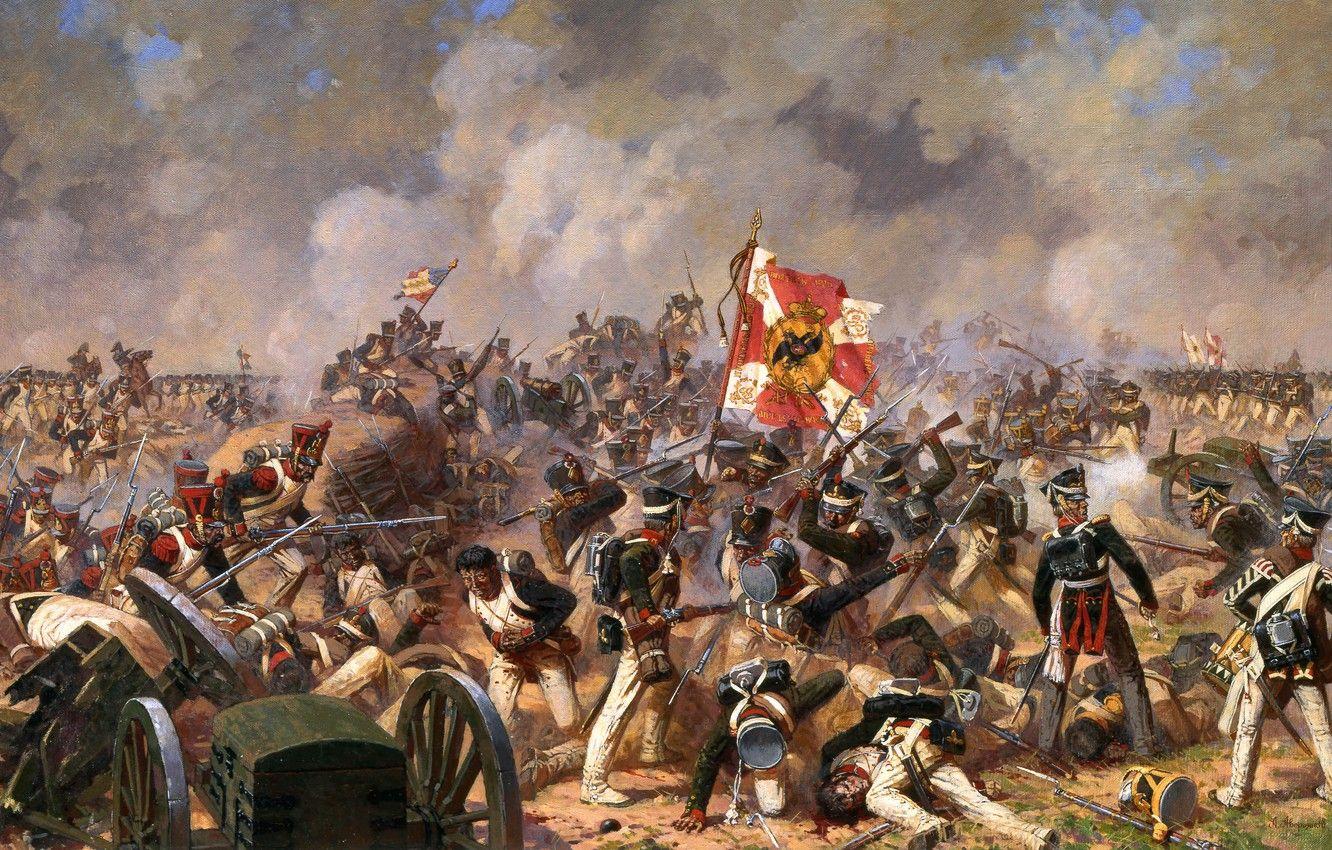1332x850 Wallpaper war, smoke, soldiers, battle, Russian, banner, the French, Patriotic war, wounded, the fight for Bagration's fleches, Averyanov image for desktop, section живопись