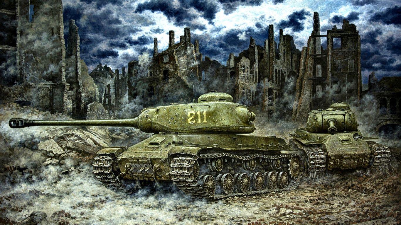 1366x768 Image Tanks Russian IS 2 Painting Art Army 1366x768