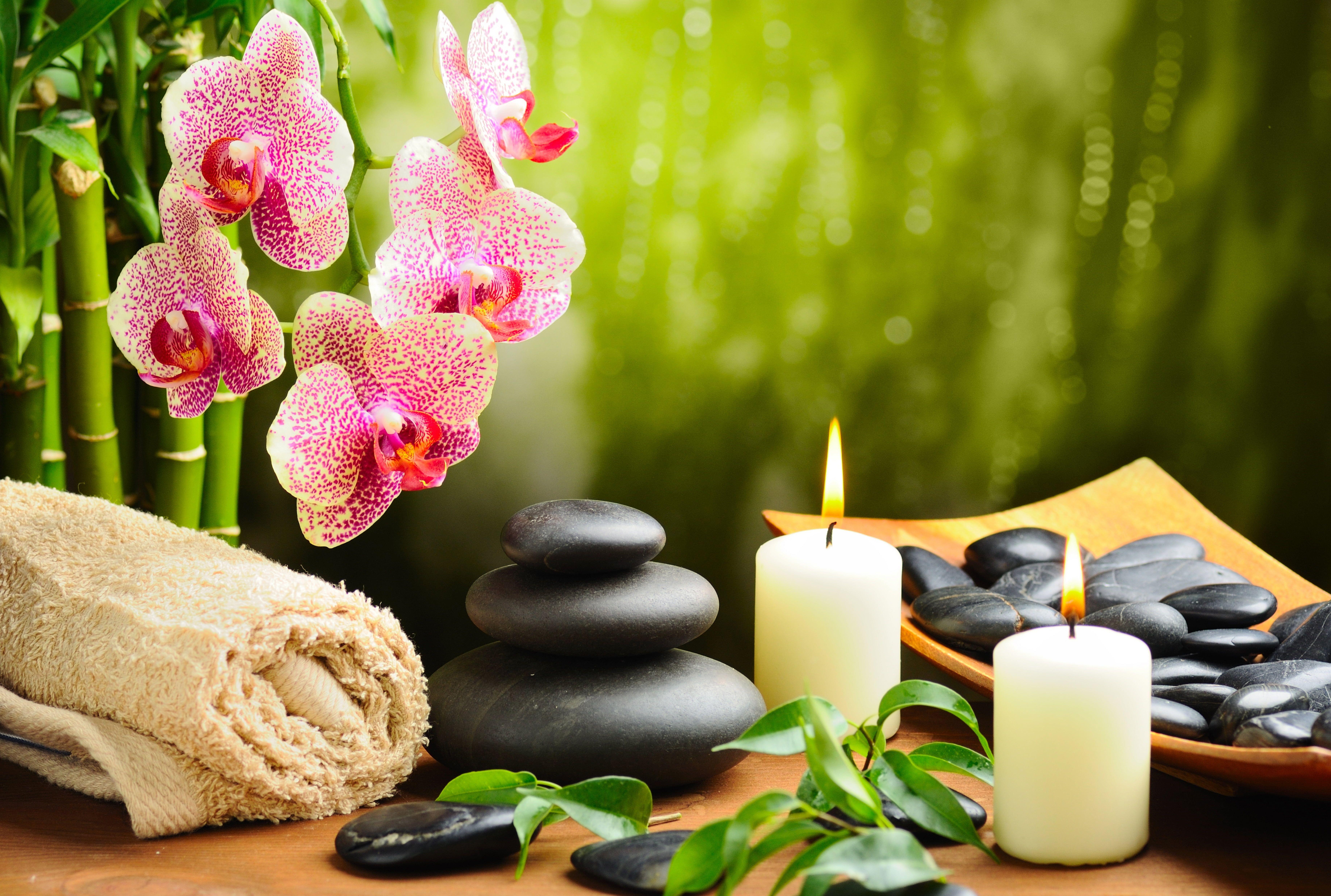 7350x4950 two white pillar candles #flower #stones #towel #candles #bamboo #Orchid #black #Spa #spa #massage K #wallpaper #. Pillar candles, White pillar candles, Candles