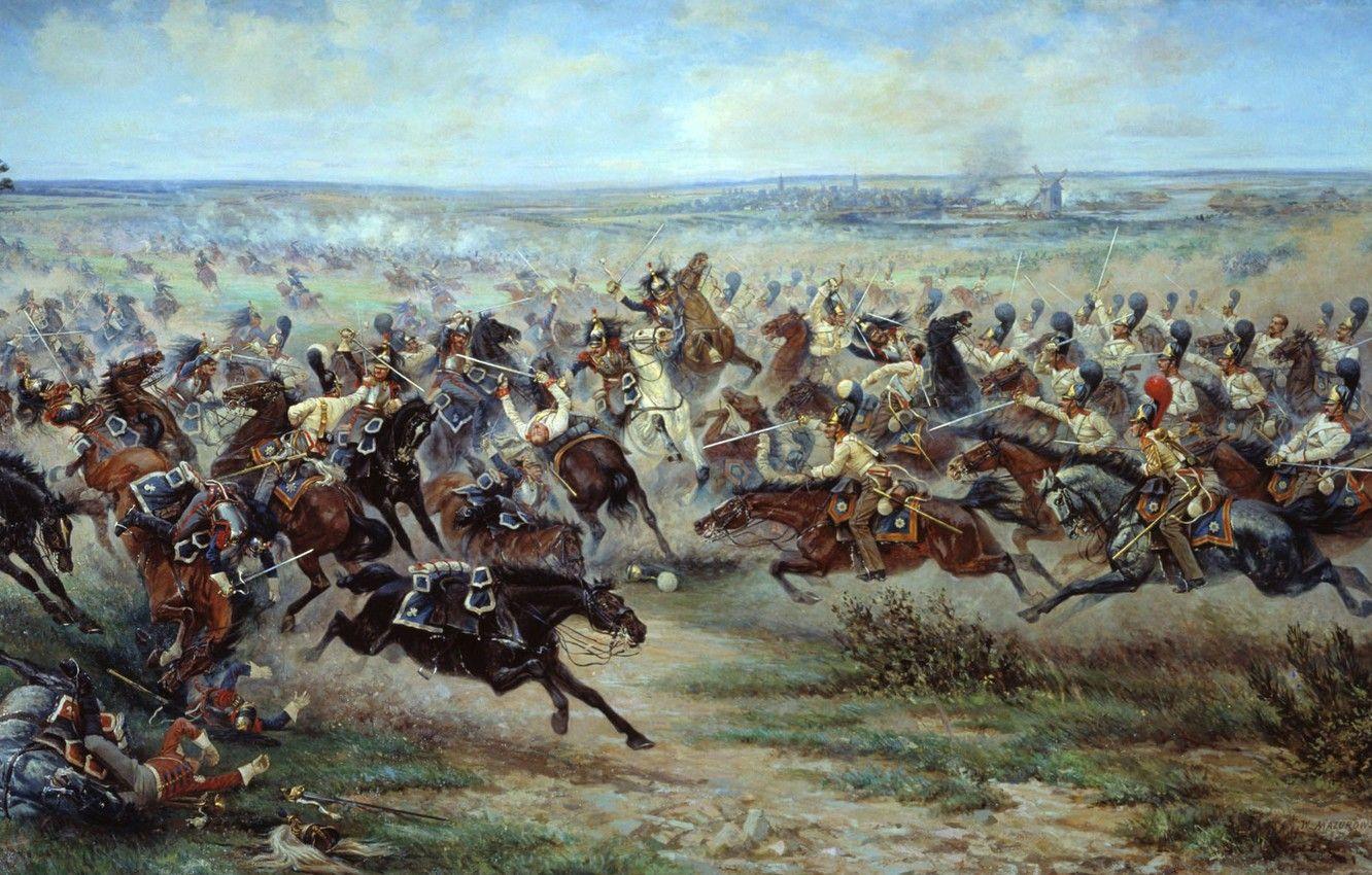 1332x850 Wallpaper field, war, smoke, artist, soldiers, battle, Russian, cavalry, the French, mazurovskii, Patriotic war image for desktop, section живопись