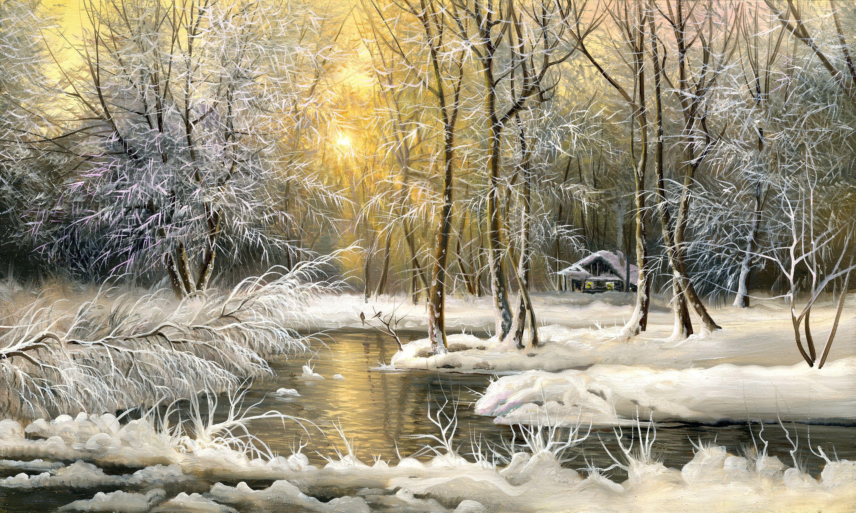 3332x2000 Painting oil winter snow trees cold house wallpaperx2000