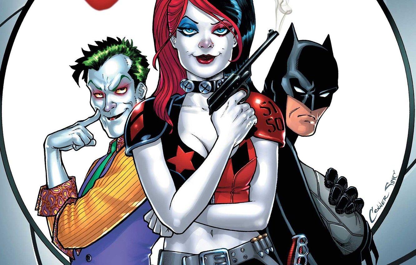 1332x850 Wallpaper gun, fantasy, Batman, weapon, Joker, comics, artwork, mask, superheroes, DC Comics, Harley Quinn, cape image for desktop, section фантастика