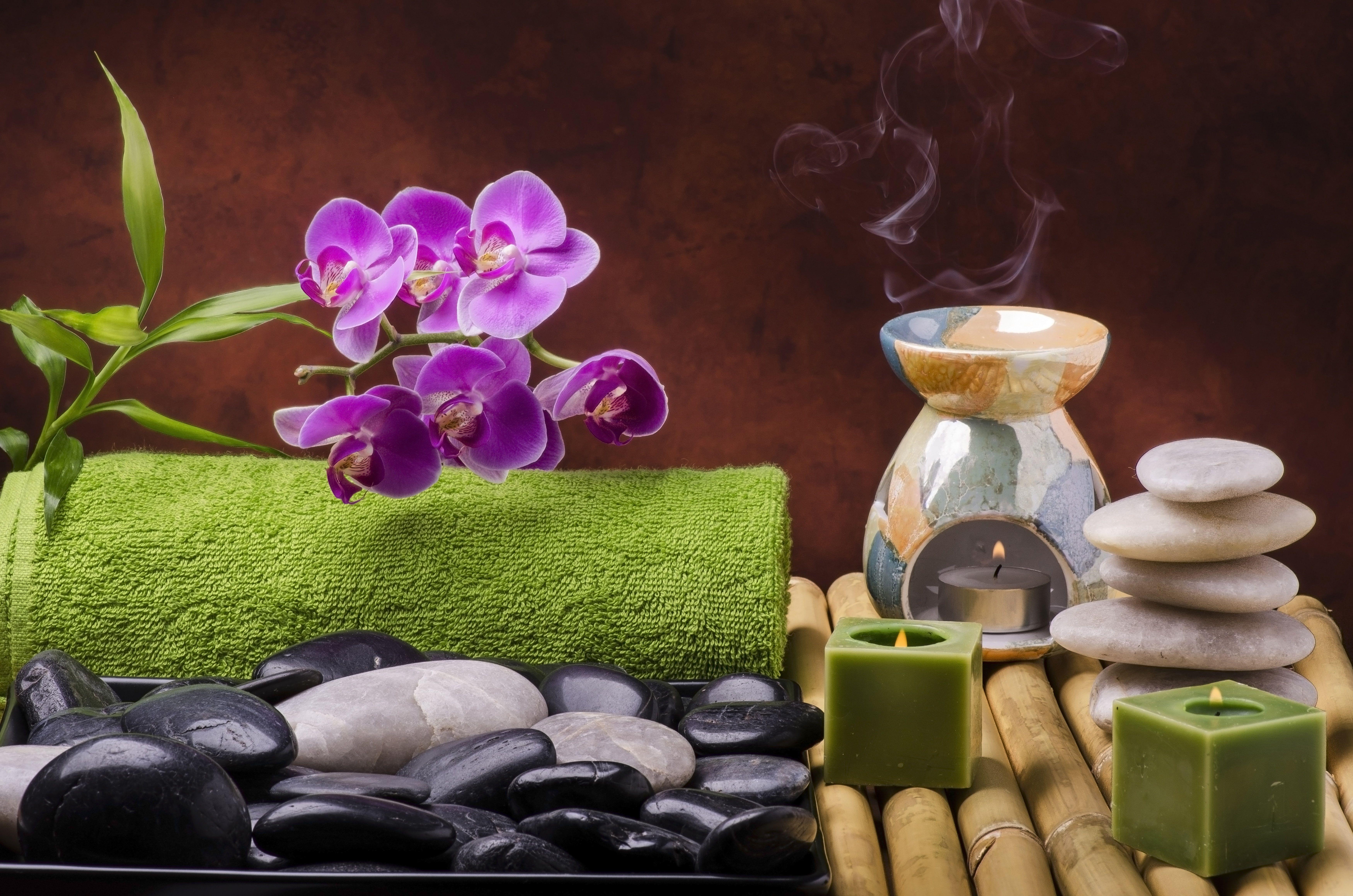 7000x4636 purple moth orchid #flowers #stones #candles #bamboo #relax #Orchid #flowers #Spa still life #candles #spa #salt #wellness #. Aromatherapy, Zen spa decor, Orchids