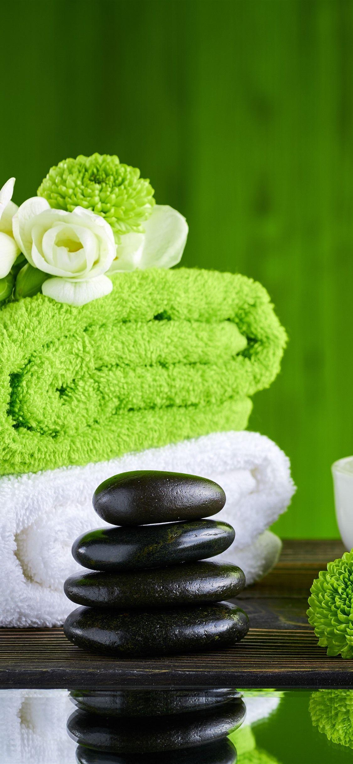 1125x2436 Wallpaper SPA theme, towel, green flowers, bamboo, stones, salt 5120x2880 UHD 5K Picture, Image
