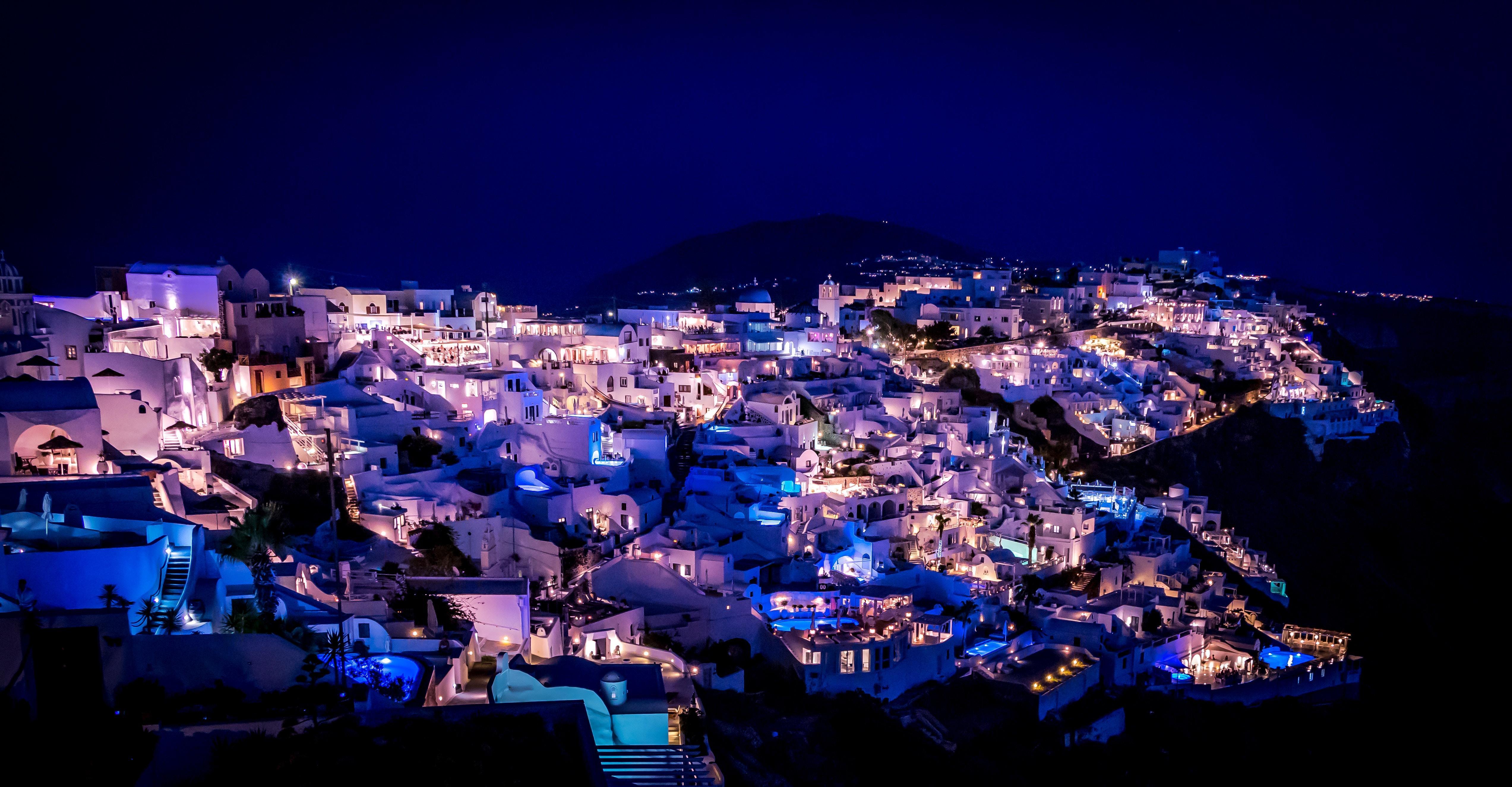 5091x2649 wallpaper santorini, greece, night city, lighting HD : Widescreen : High Definition