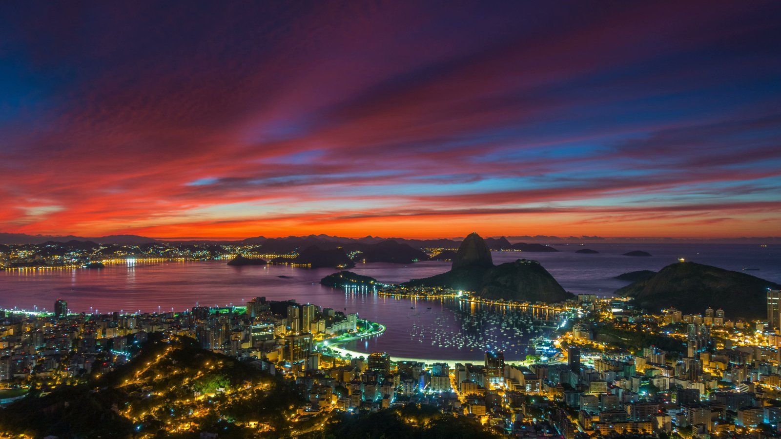 1600x900 Rio De Janeiro Niterói City Park Sunset Eclipse Red Sky Orange Sun Dark Clouds Reflection In The Ocean HD Tv Wallpaper For Desktop :