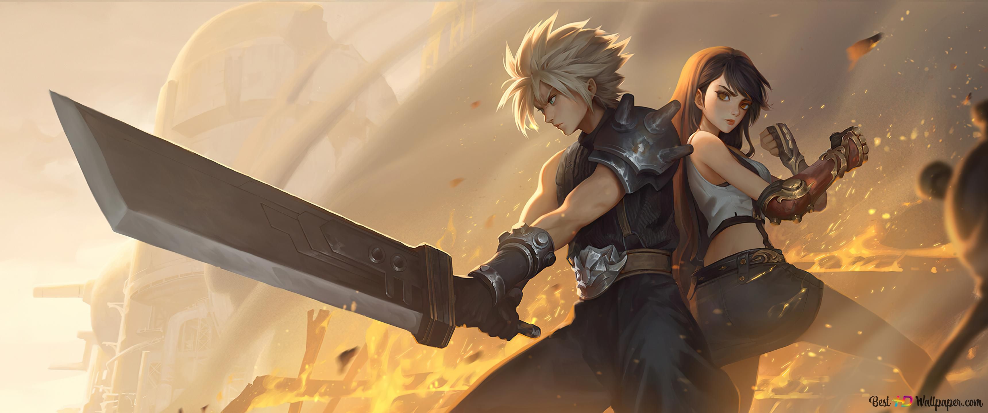 3440x1440 Cloud Strife with Tifa Lockhart Fantasy VII Remake (Video Game) 4K wallpaper download