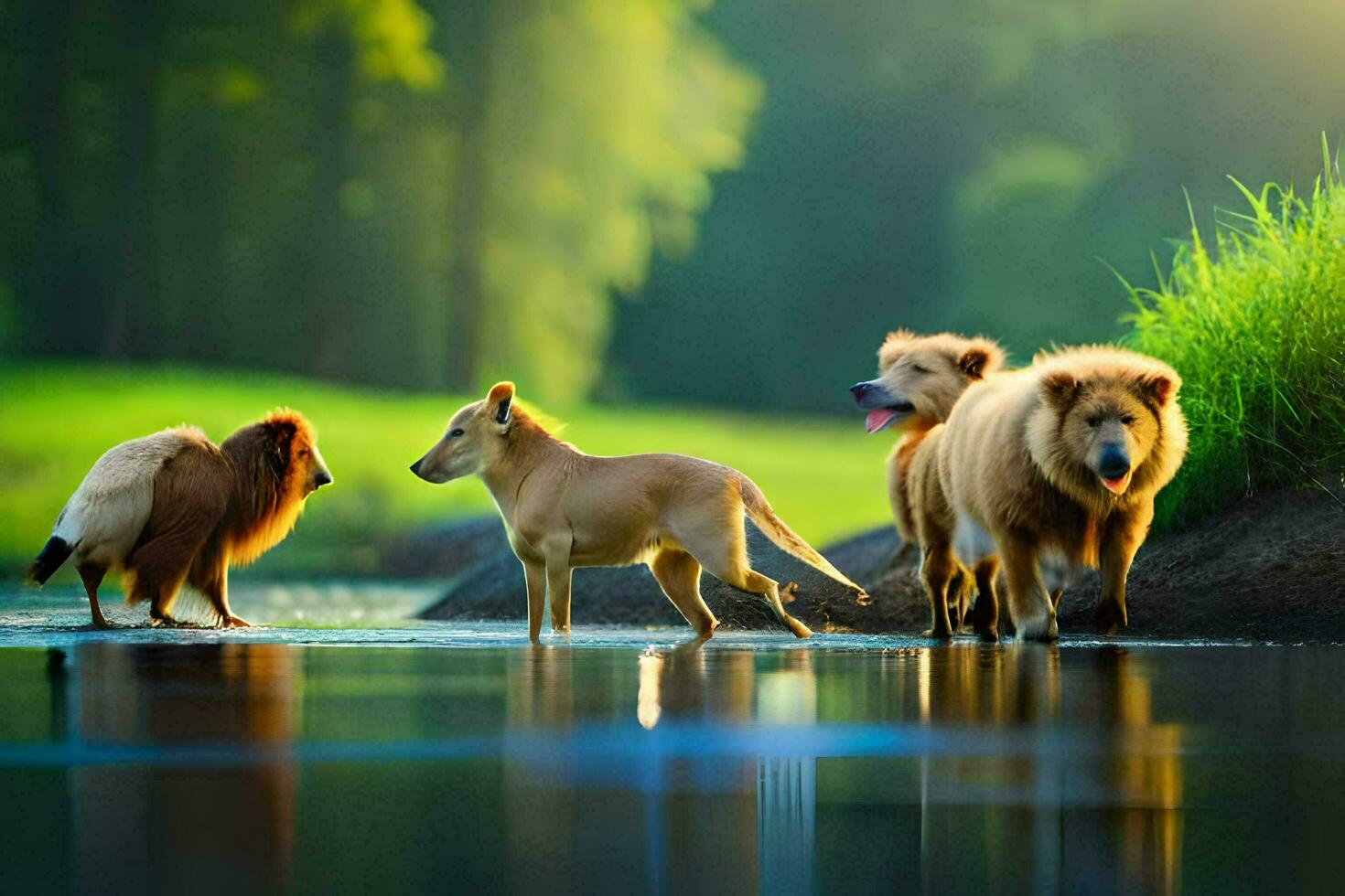 1470x980 Photo Wallpaper The Water, Dogs, The Forest, The Sun, The Animals, The Animals,. AI Generated