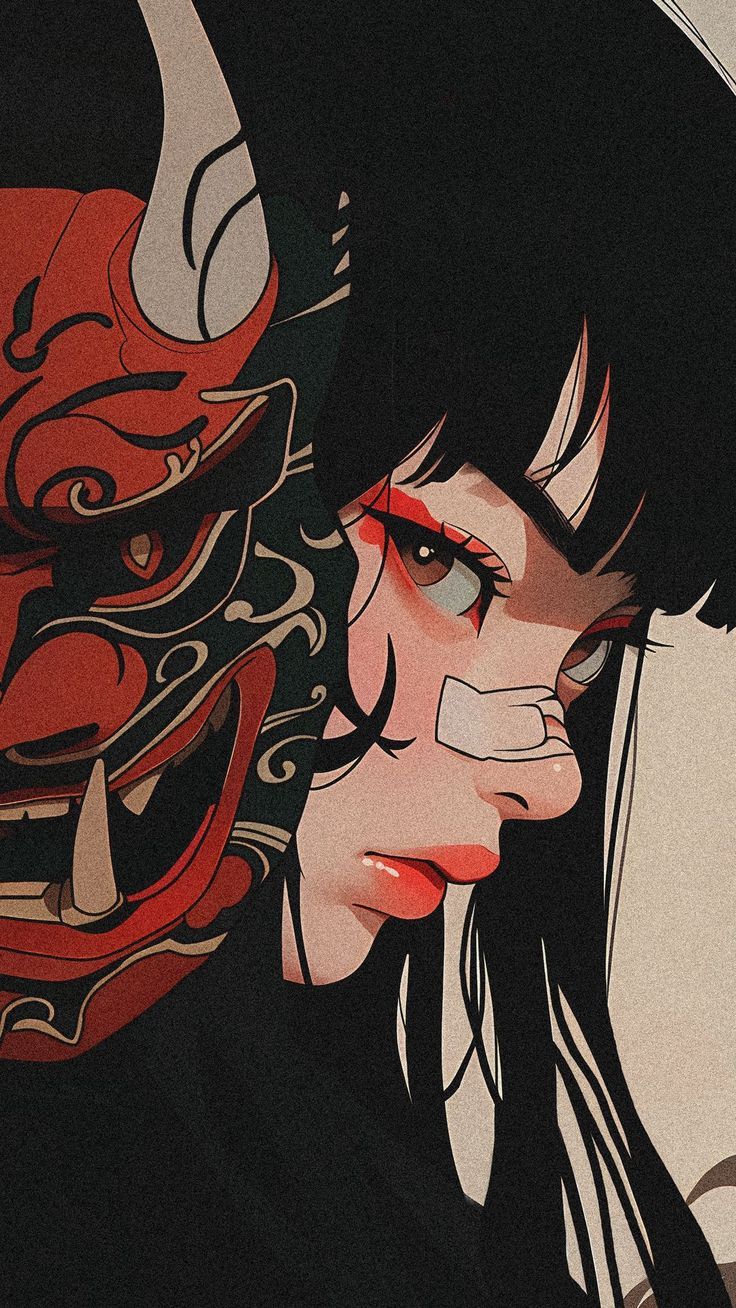 736x1308 Oni Mask Girl Wallpaper