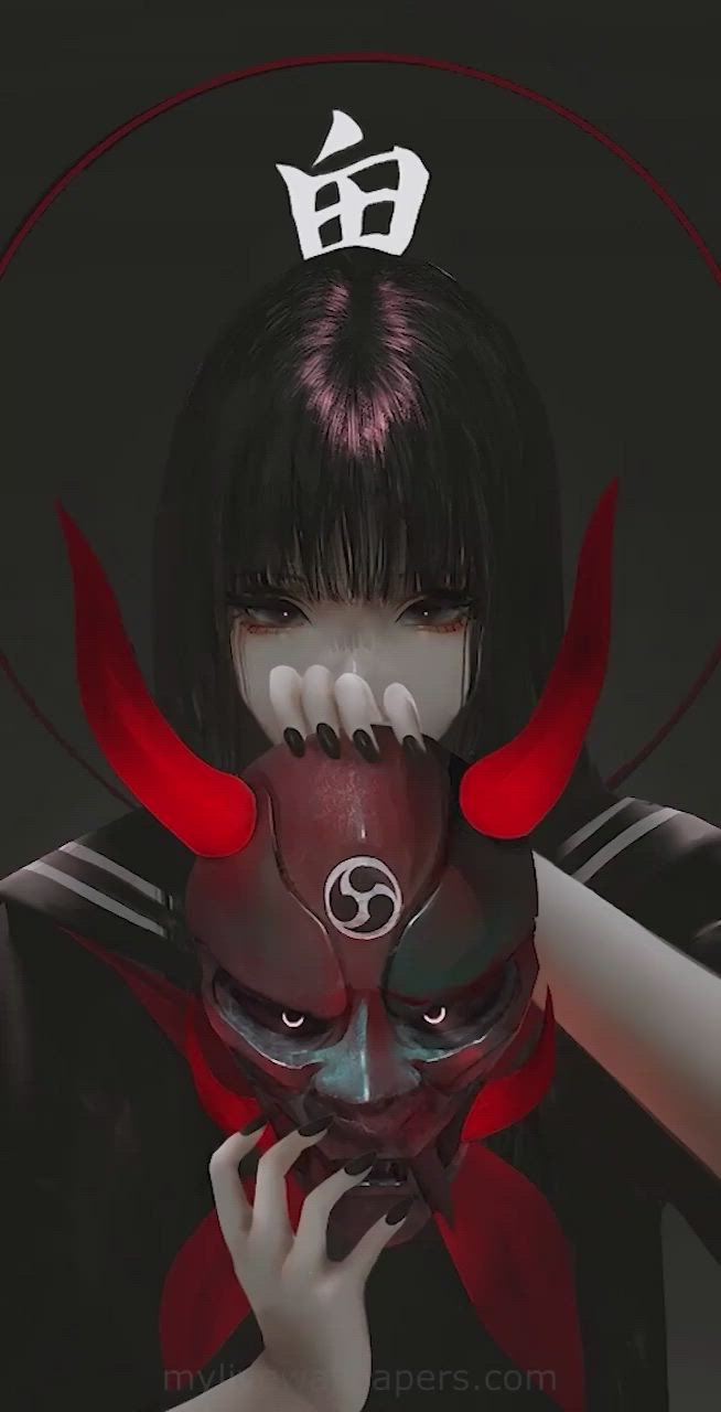 654x1280 Red Oni mask girl wallpaper