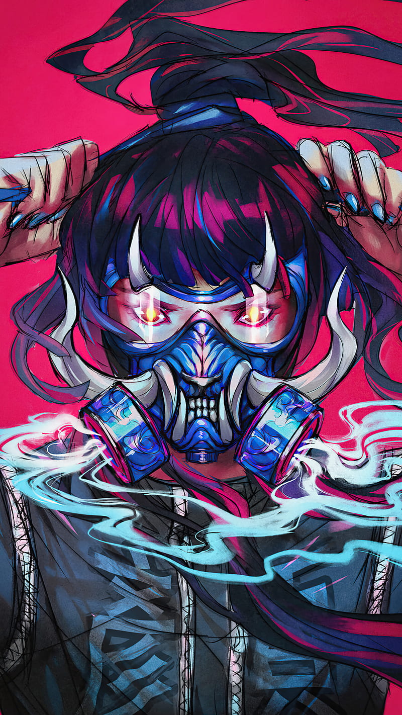 800x1422 Oni Gas Mask Girl, anime, gas mask, smoke, HD phone wallpaper
