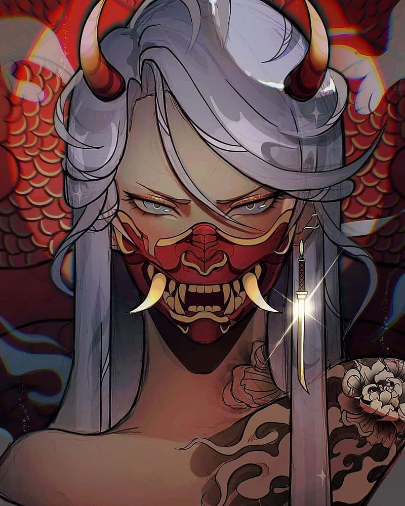800x1000 Japanese Art, samurai, oni girl, mask, horns, women, digital painting, HD phone wallpaper