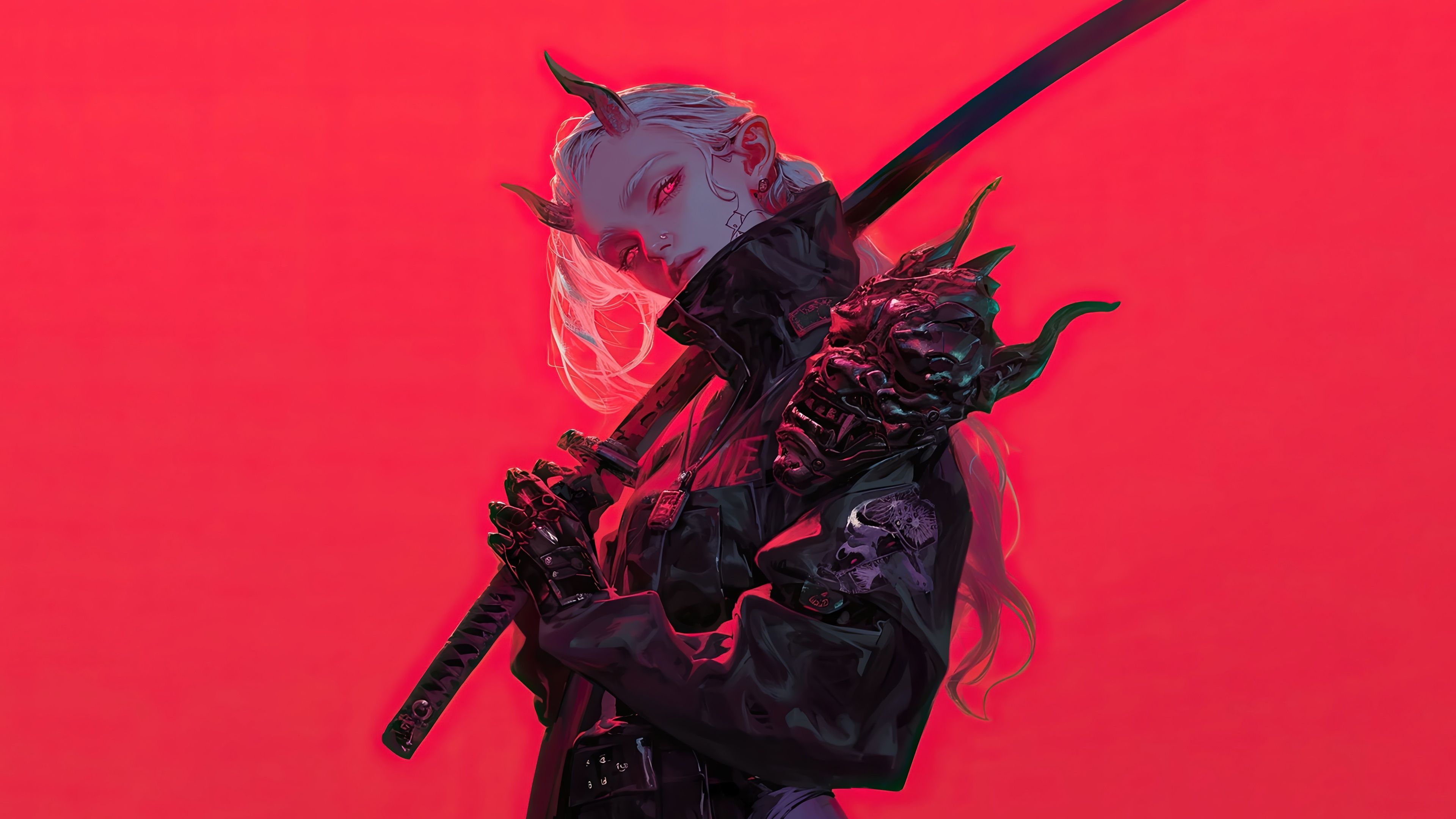 3840x2160 Wallpaper girl, anime, katana, mask, red background, horn, oni, anime girl for mobile and desktop, section ии арт, resolution 3840x2160